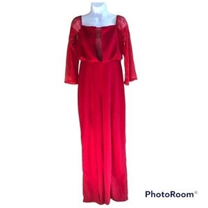 ASOS DESIGN off Shoulder Lace Insert Red Jumpsuit with Split Leg Size 6